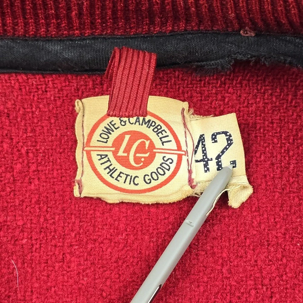 Vintage Lowe & Campbell Varsity Letterman Jacket 50s Red Wool‎ Tan Leather Small